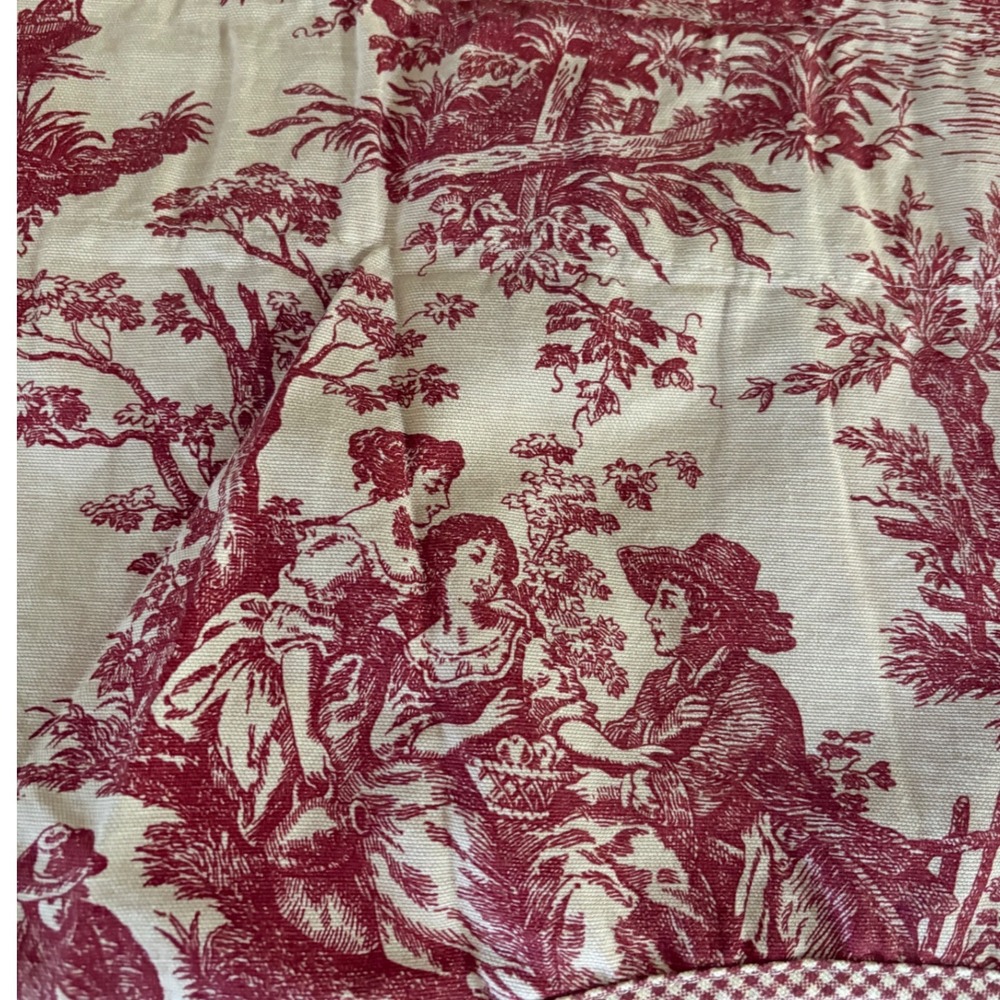VTG Waverly 3)Valance Window Treatment Red Cream Toile Gingham Scalloped Trim - Picture 3 of 4